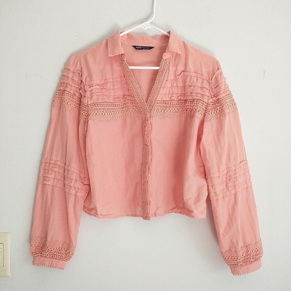 M&S Collection Blouse Shirt Top Womens 12 Pink Linen Lace Crochet Puff Sleeve